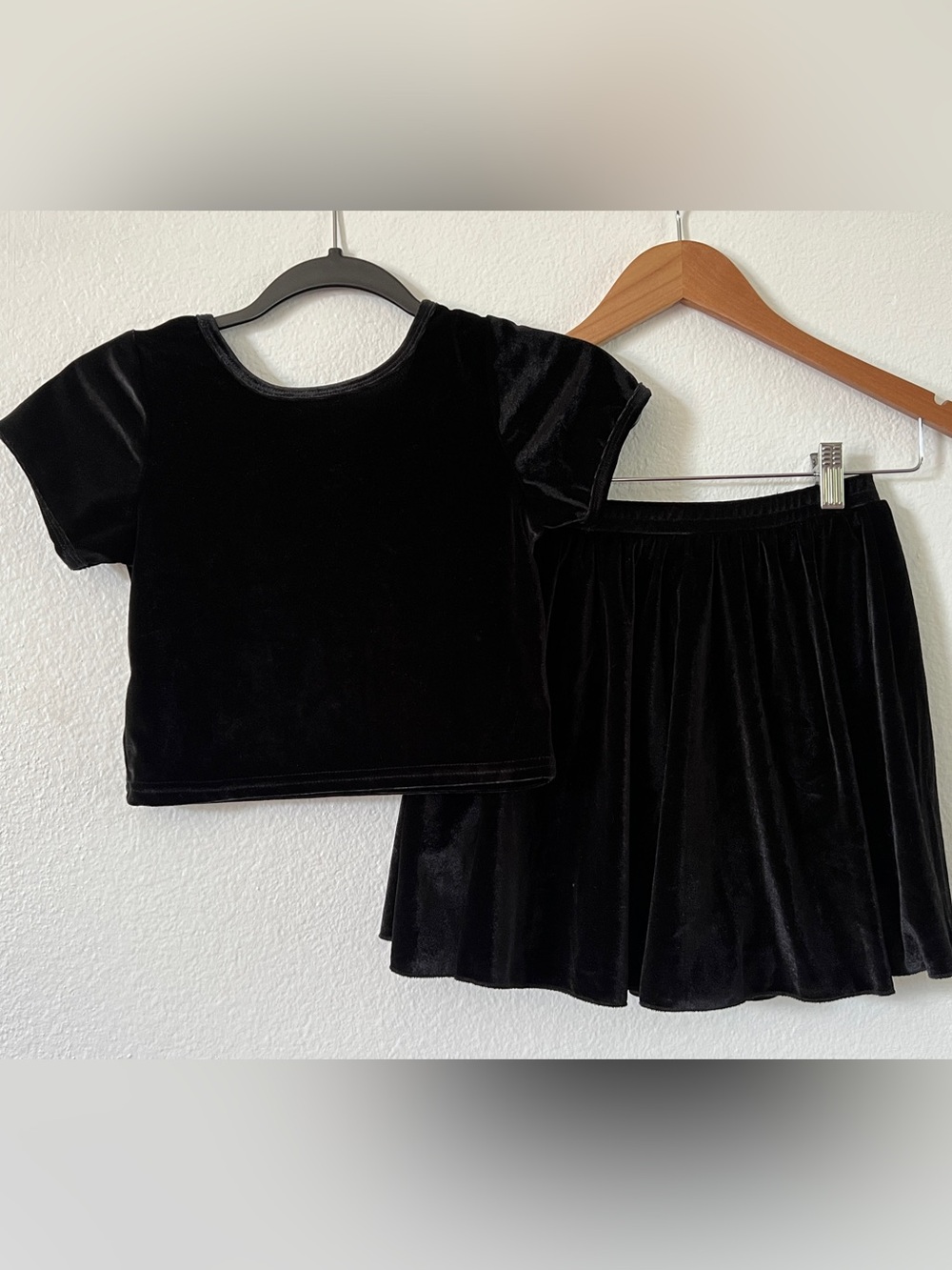 Black Velvet Two-Piece Top and Skirt Set